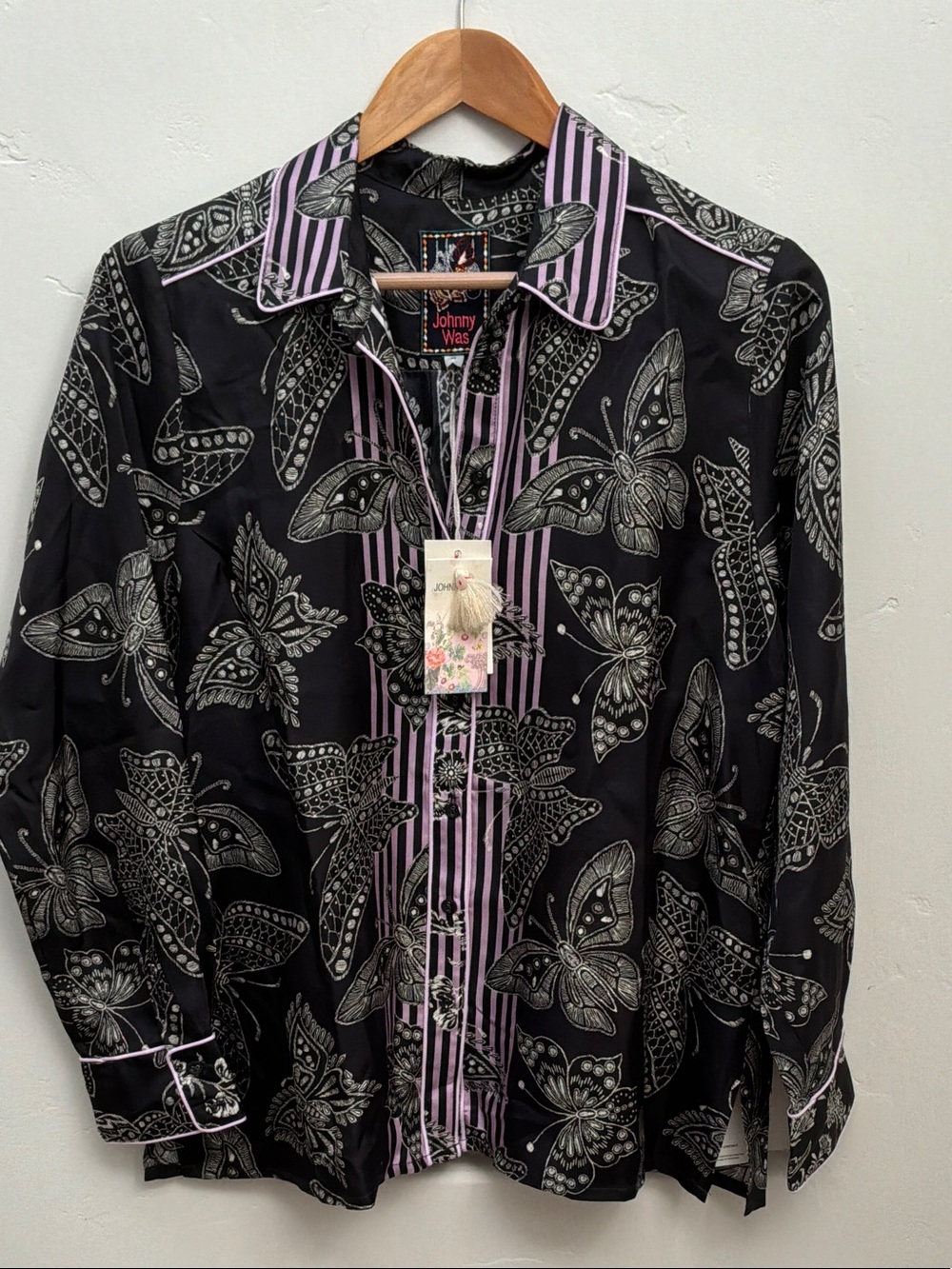 Johnny Was Black Shirt with Lavender Stripe & Butterfly Print